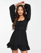 Asos Design Tie Front Long Sleeve Mini Tea Dress In Black
