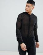 Asos Design Regular Fit Sheer Shirt With Grandad Collar In Black - Black