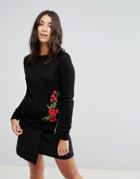 Brave Soul Posy Embroidered Sweater With Zip Detail - Black