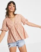 Asos Design Broderie Smock Top With Fluted Sleeve In Mink-pink