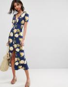 Asos City Maxi Tea Dress With V Neck And Button Detail In Blue Floral Print - Multi
