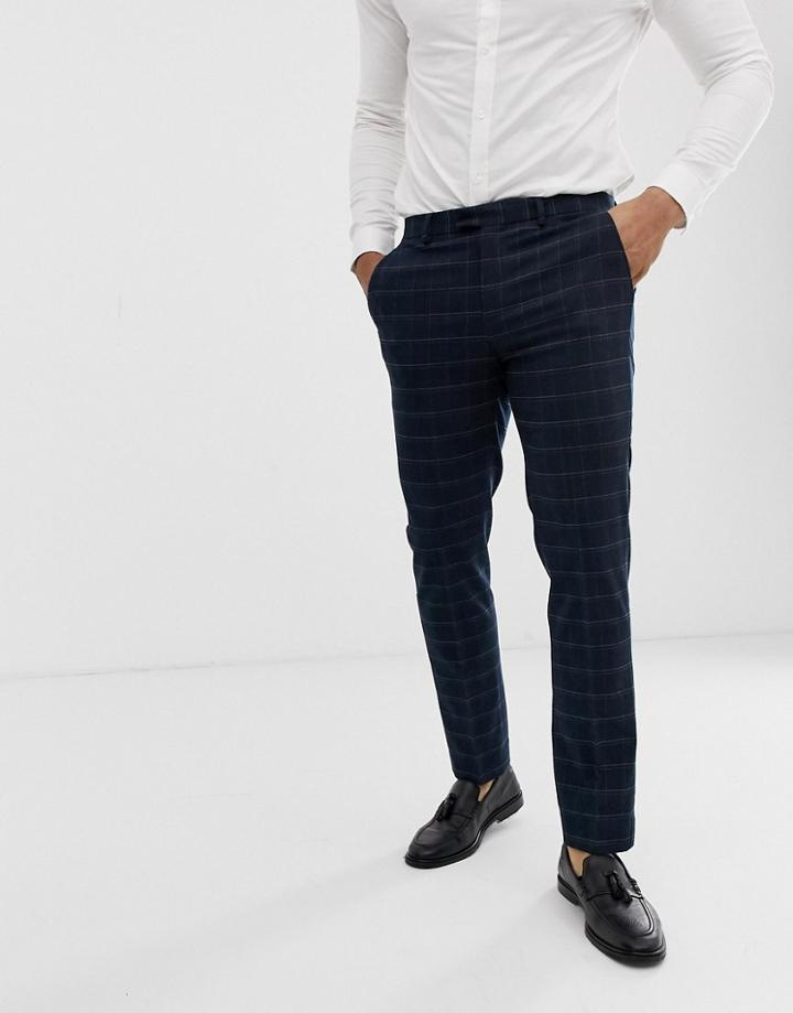River Island Wedding Skinny Suit Pants In Navy Check - Navy
