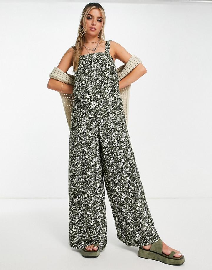 Topshop Ditsy Linen Chuck On Jumpsuit In Green