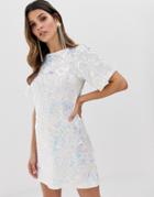 Flounce London Velvet Iridescent Sequin T Shirt Dress In White - Multi