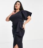 True Violet Plus One Shoulder Ruffle Midi Dress In Navy-blue
