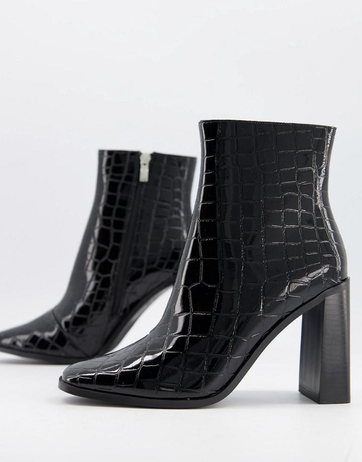 Glamorous Block Heel Ankle Boots In Black Croc