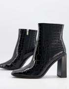 Glamorous Block Heel Ankle Boots In Black Croc