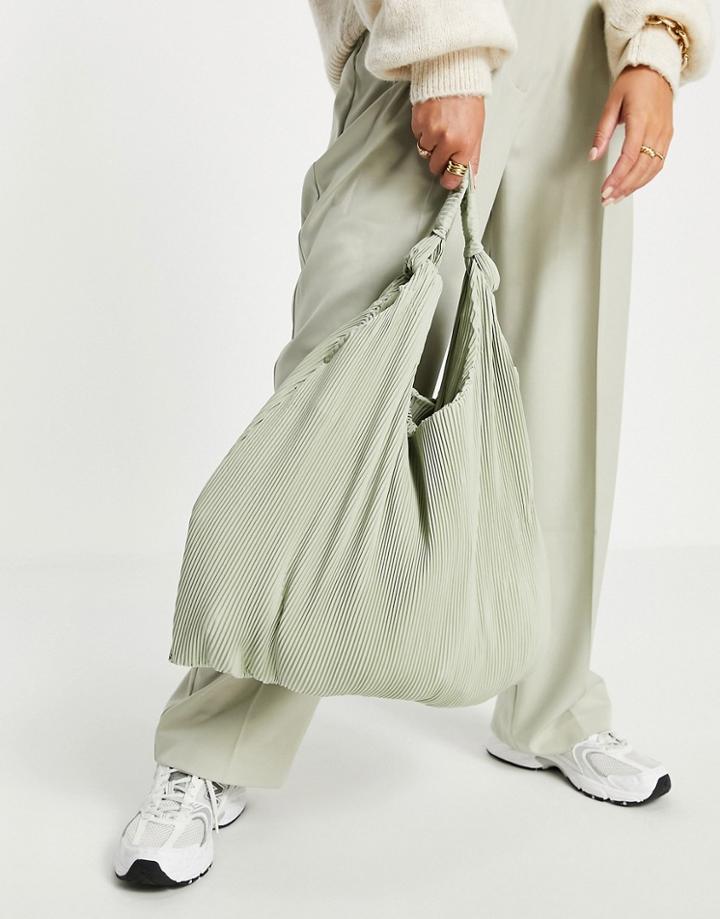 Mango Plisse Shoulder Shopper Bag In Sage Green