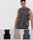 Asos Design 3 Pack Sleeveless T-shirt With Crew Neck And Dropped Armhole Save-multi
