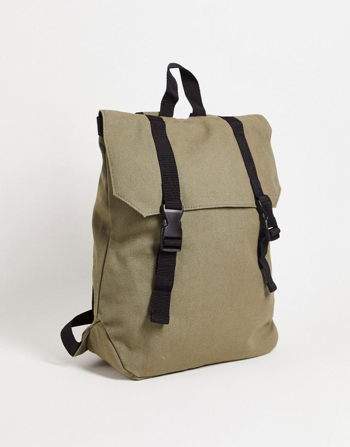Asos Design Backpack In Khaki Heavyweight Canvas And Double Strap In Black Detail-green