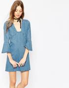Asos Denim Mini Shift Dress With Frill Sleeves In Lightwash Blue - Lightwash Blue