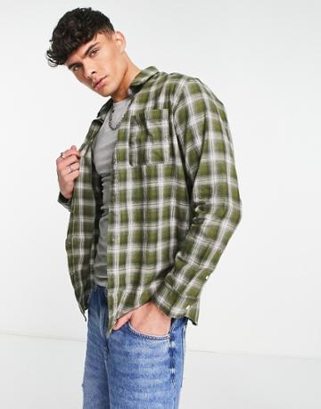 Selected Homme Cotton Blend Slim Fit Check Shirt In Khaki Green - Khaki