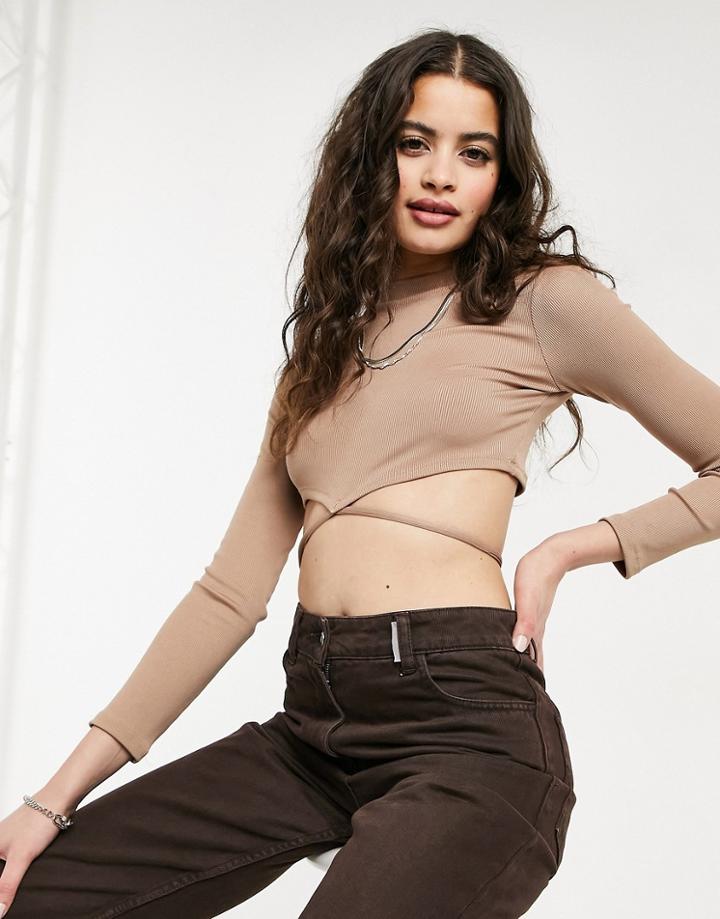 Bershka High Neck Wraparound Crop Top In Whiskey-brown