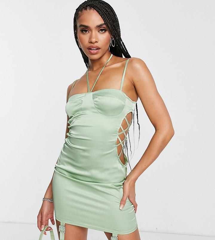 Asyou Bust Cup Lace Up Mini Dress With Garter Detail In Sage-green
