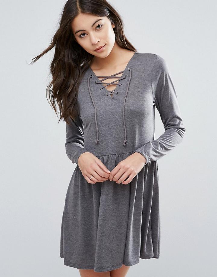 Brave Soul Tie Detail Skater Dress - Gray
