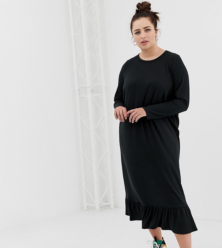 Daisy Street Plus Midaxi Smock Dress In Black Rib - Black