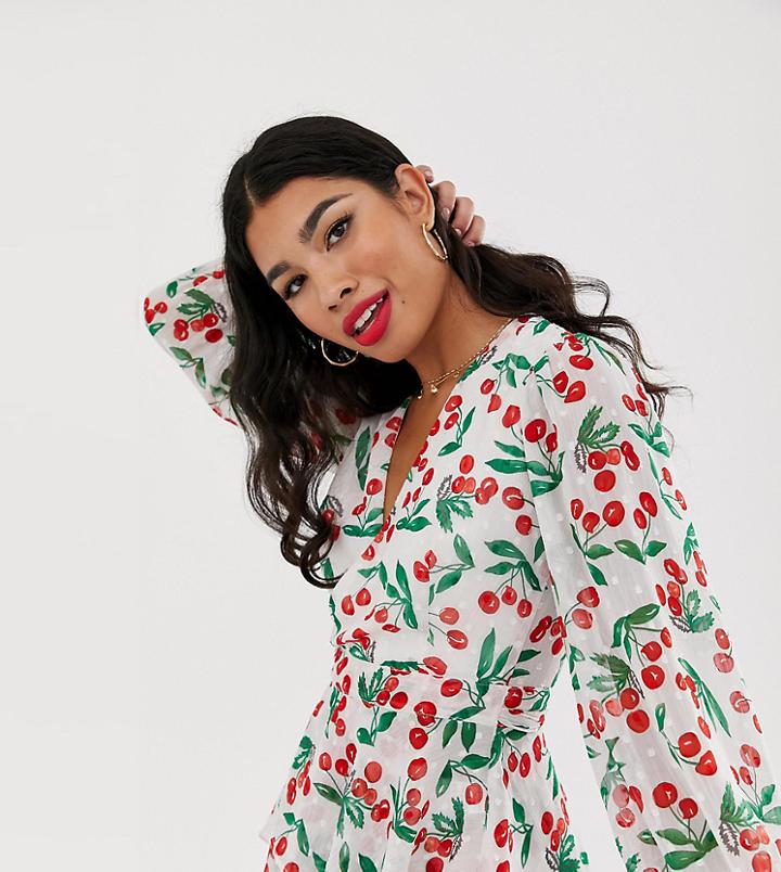 Dark Pink Wrap Top In Cherry Print Two-piece-multi