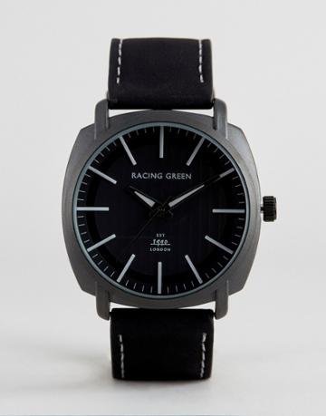 Racing Green Black Strap Watch With Round Black Dial - Black