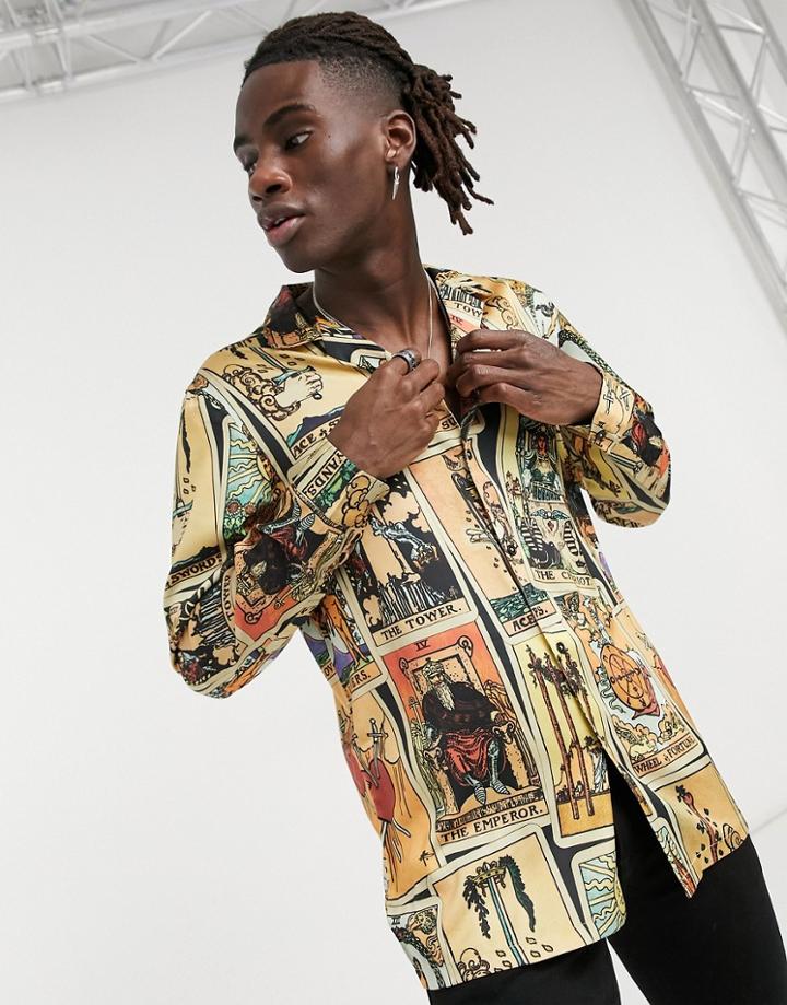 Asos Design Regular Revere Satin Shirt In Tarot Reader Vintage Print-brown