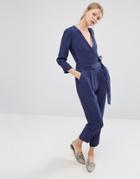 Asos Belted Jumpsuit With Wrap Front - Navy