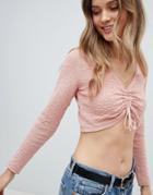 Asos Design Knit Top With Ruched Detail In Cropped Shape - Pink