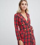 Missguided Tux Dress With Gold Buttons In Red Plaid - Red