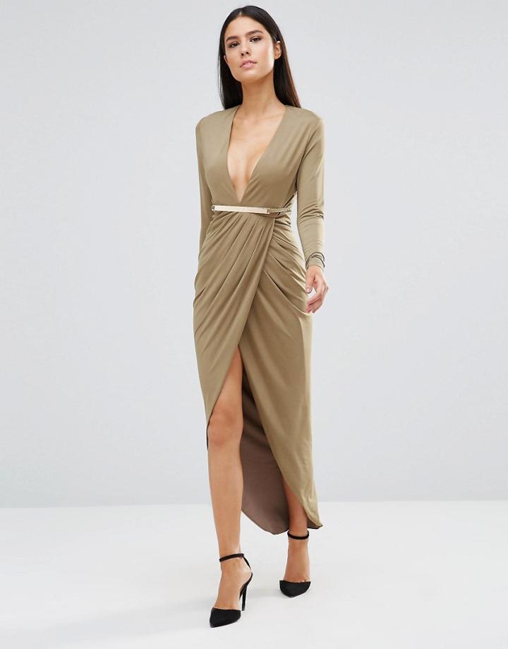 Rare Long Sleeve Slinky Plunge Midi Dress - Green
