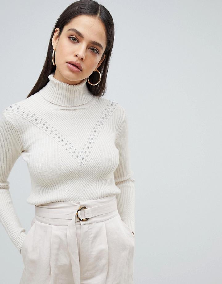 Fashion Union High Neck Sweater In Textured Knit - Cream