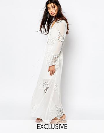 White Sand Excalibur All Over Chiffon And Lace Maxi Dress With Tie Front - White