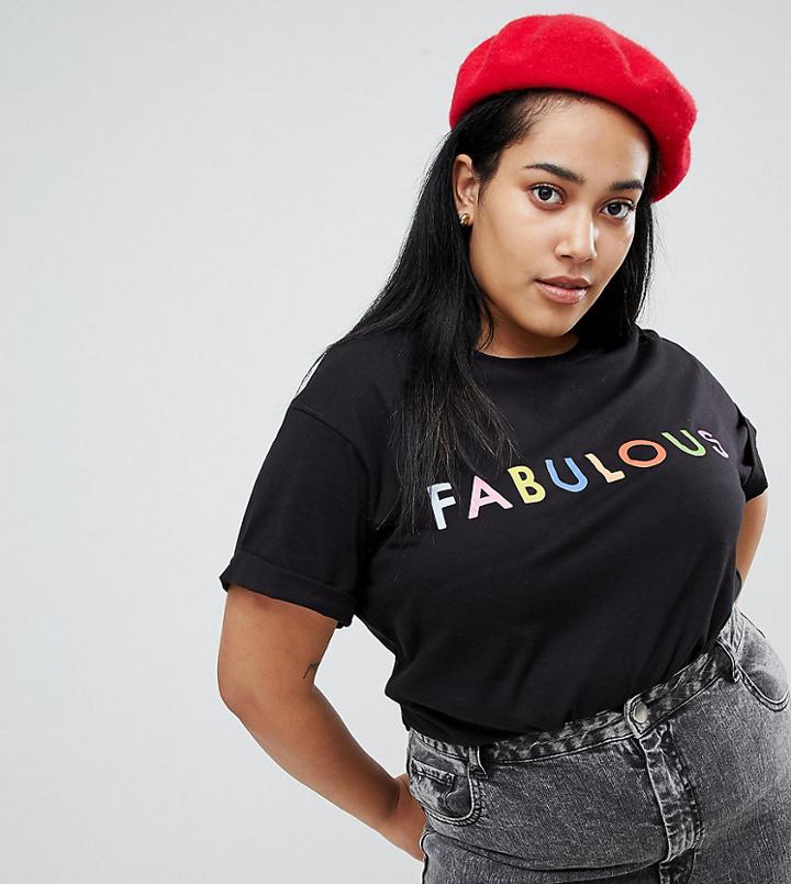Asos Curve Boyfriend T-shirt With Rainbow Fabulous Print - Black