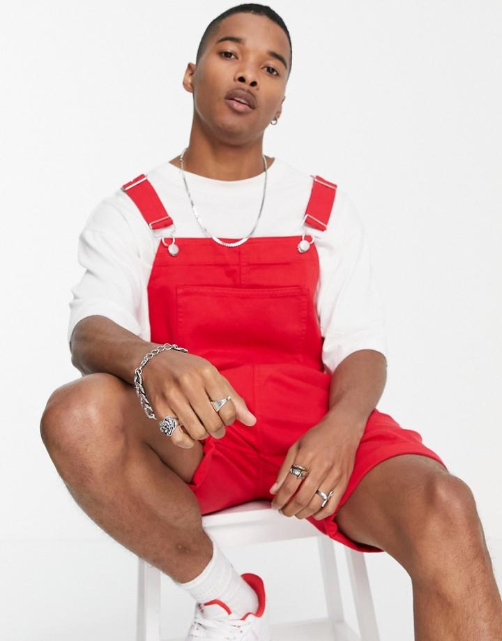 Asos Design Short Denim Overalls In Red-green
