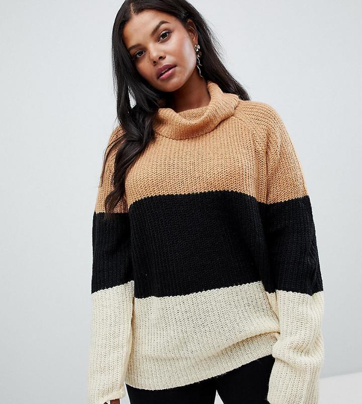Brave Soul Plus Onda Sweater In Color Block Stripe - Tan