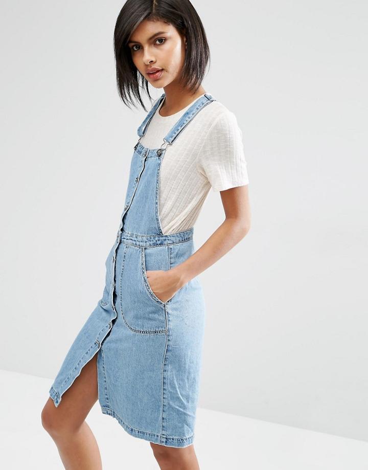 Vero Moda Button Front Overall Dress - Light Blue Wash