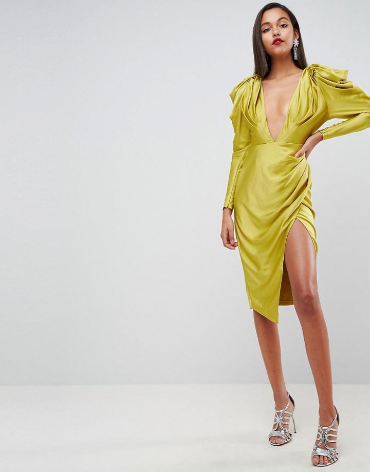 Asos Edition Pintucked Power Shoulder Midi Dress - Yellow