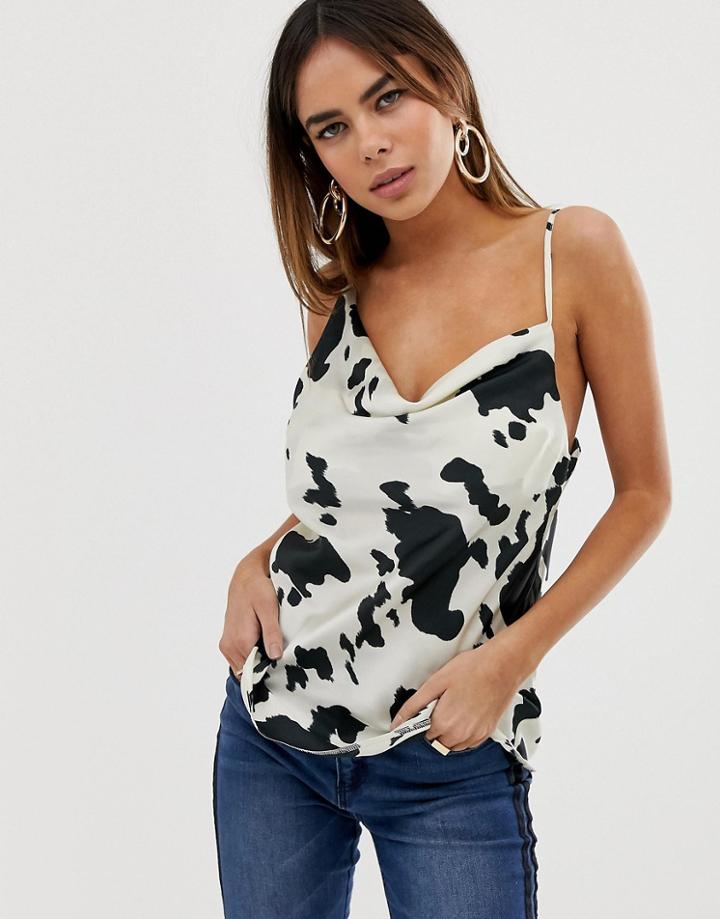 Asos Design Cowl Neck Satin Cami In Cow Animal Print - Multi