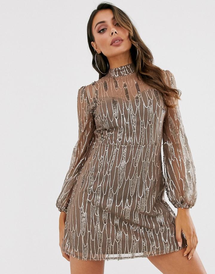 Love Triangle Long Sleeve Mini Dress With Foiled Mesh Overlay In Black And Gold-multi