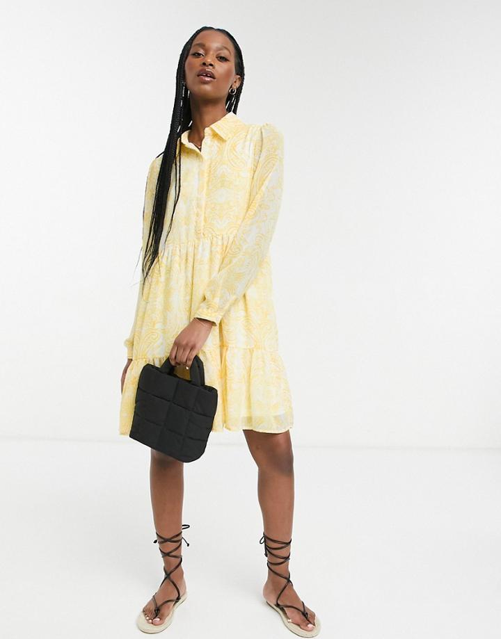 Vila Mini Shirt Dress With Tiering In Yellow Floral - Yellow