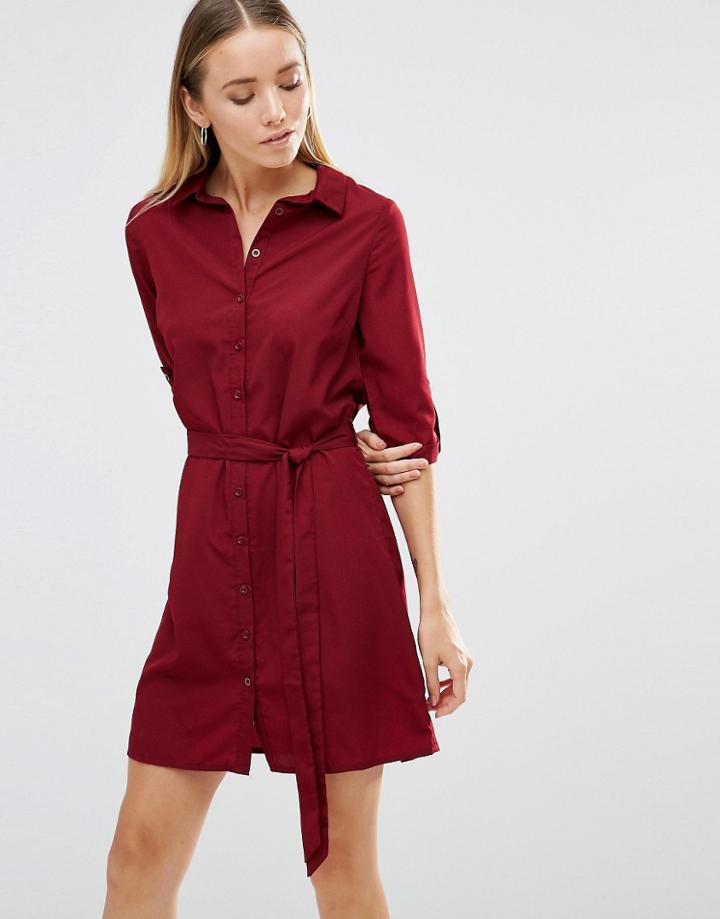 Ax Paris Tie Waist Shirt Dress - Red
