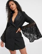 Aria Cove Blazer Dress With Flared Lace Sleeve Detail In Black-blues