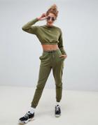 Asos Design Tracksuit Cropped Sweatshirt / Basic Jogger With Tie - Green