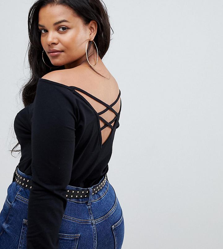 Asos Design Curve Long Sleeve Top With Caging Back Detail - Black