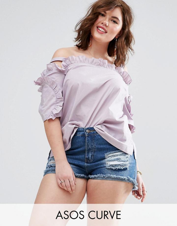 Asos Curve Cotton Cold Shoulder Top With Ruffle - Purple