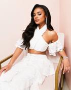 Asos Luxe Halter Neck Lace Ruffle Beach Sleeve Crop Top In White