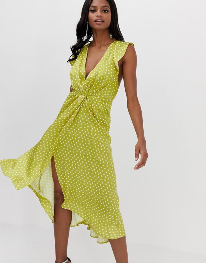Asos Design Midi Dress With Knot Front Detail In Satin Polka Dot - Multi