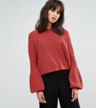 Weekday Crop Knit Sweater With Balloon Sleeve - Red