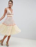 Asos Design Delicate Lace Midi Prom Dress In Soft Color Block-multi