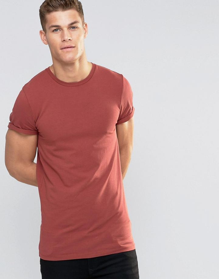 Asos Longline Muscle T-shirt With Roll Sleeve In Red - Hot Cinder