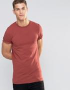 Asos Longline Muscle T-shirt With Roll Sleeve In Red - Hot Cinder
