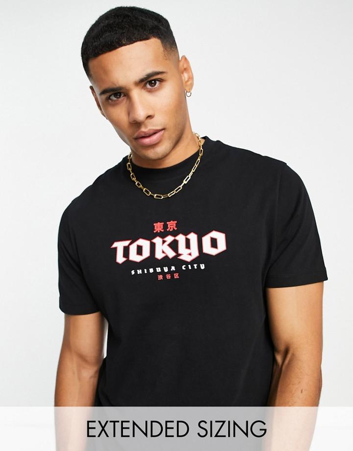 Asos Design T-shirt In Black With Tokyo Chest City Print