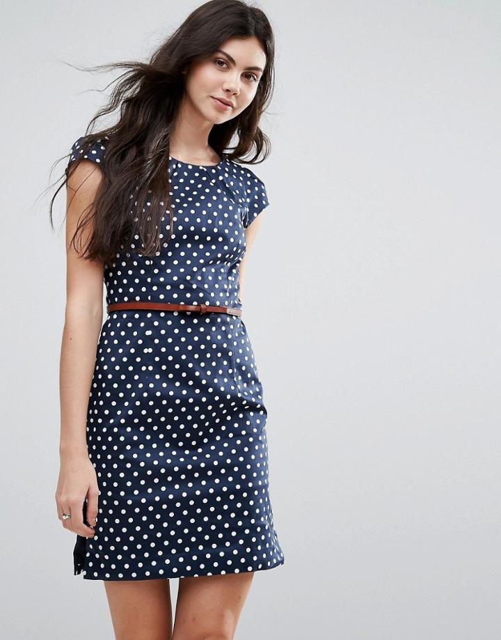 Vero Moda Polka Dot Belted Dress With Capped Sleeves - Navy